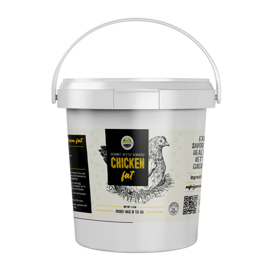White bucket with a label for chicken fat on a white background