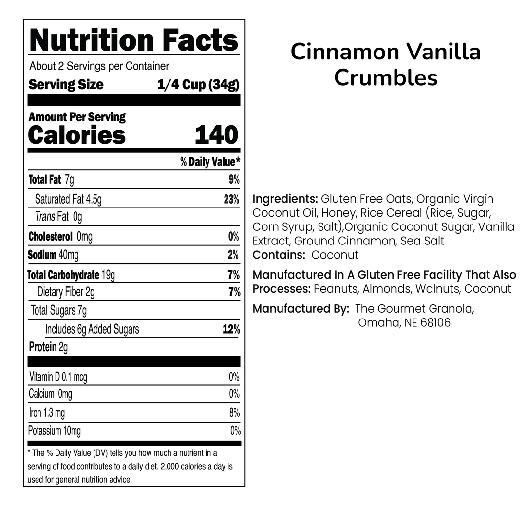 Cinnamon Vanilla Crumbles | 2.4 oz Bag | Gluten, Dairy, & Soy Free | Perfect Light Snack | Made in Omaha, NE | The Gourmet Granola