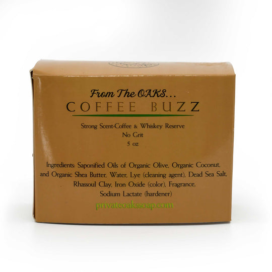 Brown soap box labeled 'Coffee Buzz' with text on a white background