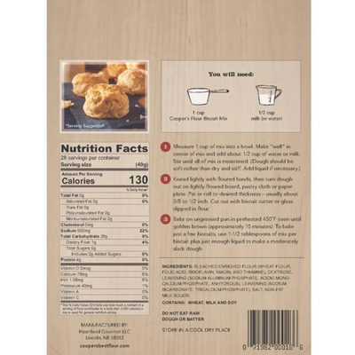 The back of a 2.5 lb. bag of Cooper's Best Biscuit Mix including nutrition facts, instructions, and ingredients on a white background.