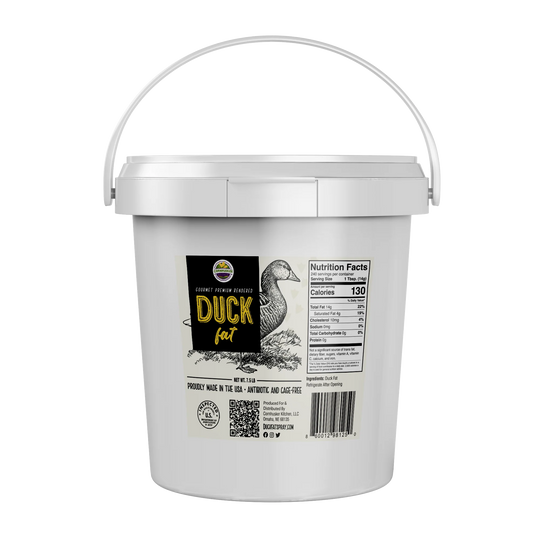 White bucket with a label featuring a duck and nutritional information on a white background