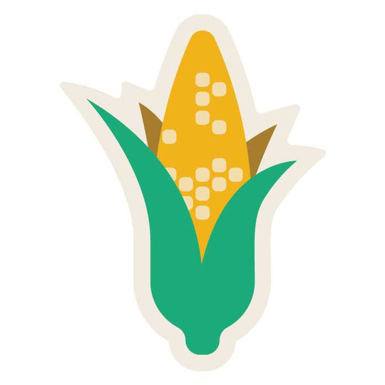 A stylized vector illustration of a corn cob magnetl, featuring a yellow cob with white kernels and green husks, outlined with a white border on a solid white background.