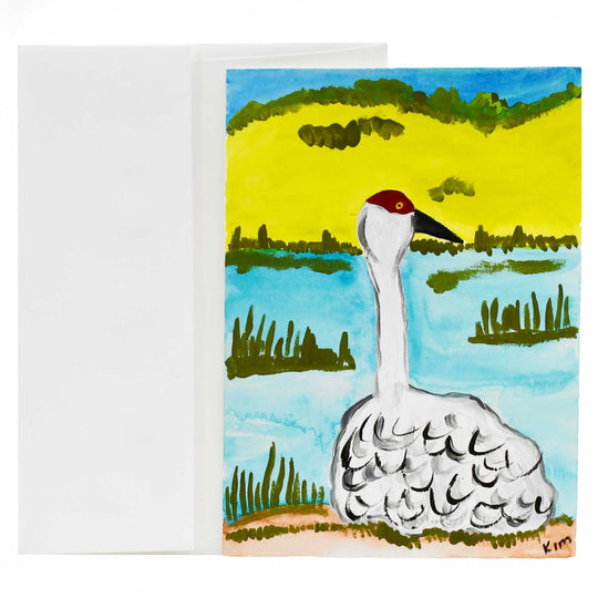 Greeting card with a painted crane in a natural setting