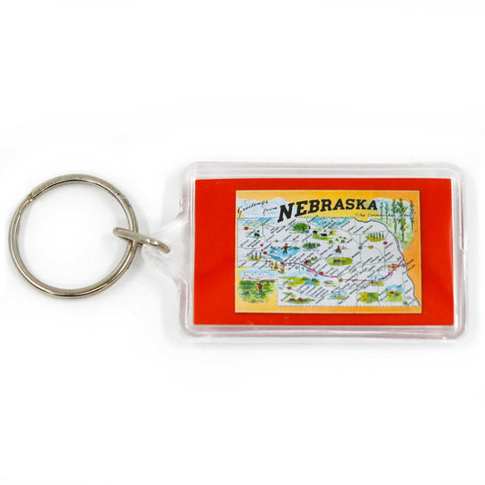 Keychain with a map of Nebraska on a red background