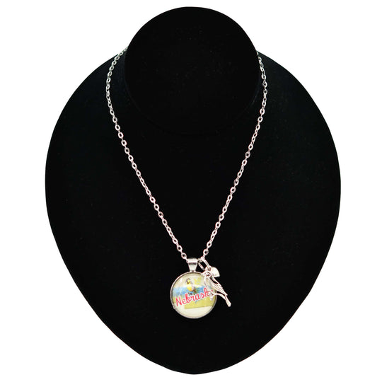 Nebraska State Charm Necklace With Meadowlark Bird Design | Multiple Colors | Silver Chain | 24" Chain and 1" Charm | Create