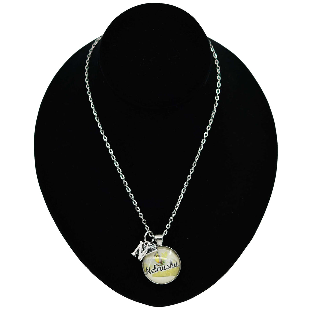Nebraska State Charm Necklace With Meadowlark Bird Design | Multiple Colors | Silver Chain | 24" Chain and 1" Charm | Create