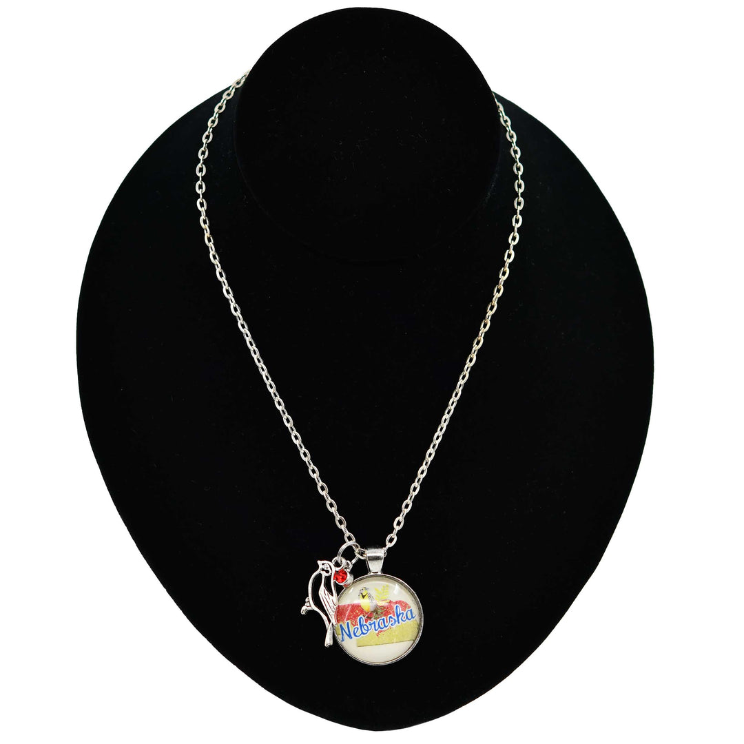 Nebraska State Charm Necklace With Meadowlark Bird Design | Multiple Colors | Silver Chain | 24" Chain and 1" Charm | Create