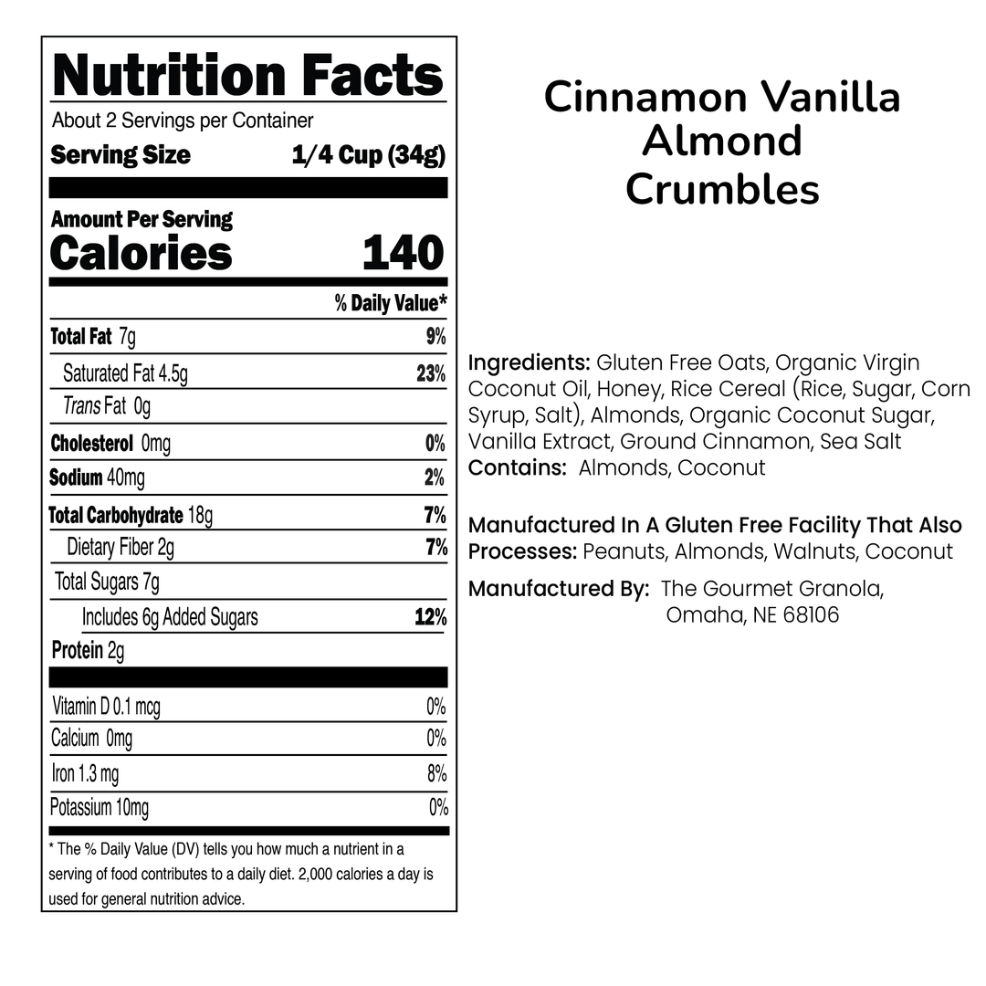 Cinnamon Vanilla Almond Crumbles | 2.4 oz. Bag | Gluten, Dairy, & Soy Free | Healthy Snack | Made in Omaha, NE | The Gourmet Granola