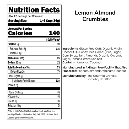 Lemon Almond Crumbles | 2.4 oz. Bag | Fresh Hint of Lemon | Gluten, Soy, & Dairy Free | Made in Omaha, NE | The Gourmet Granola