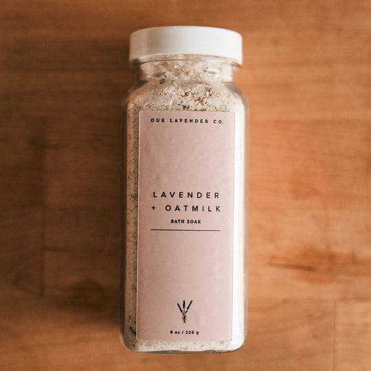 Our Lavender Co Lavender & Oatmeal Bath Soak on wood table