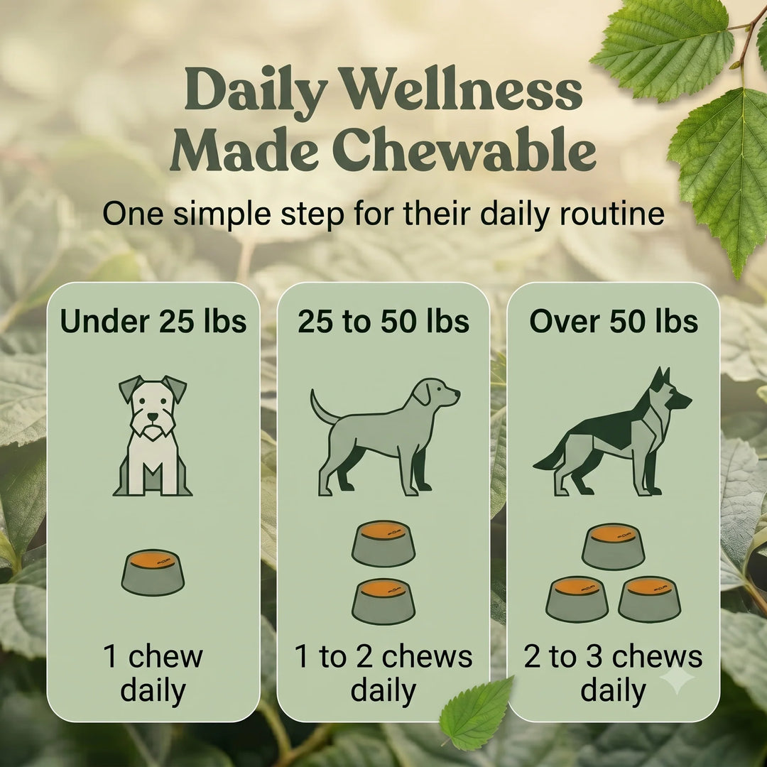 Dog chewable supplement chart with weight-based daily intake instructions.