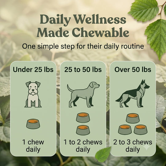 Dog chewable supplement chart with weight-based daily intake instructions.