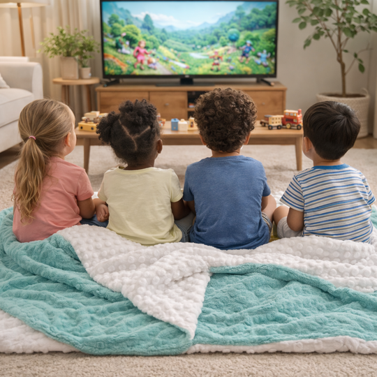 Four children sitting on a blanket watching TV in a living room.