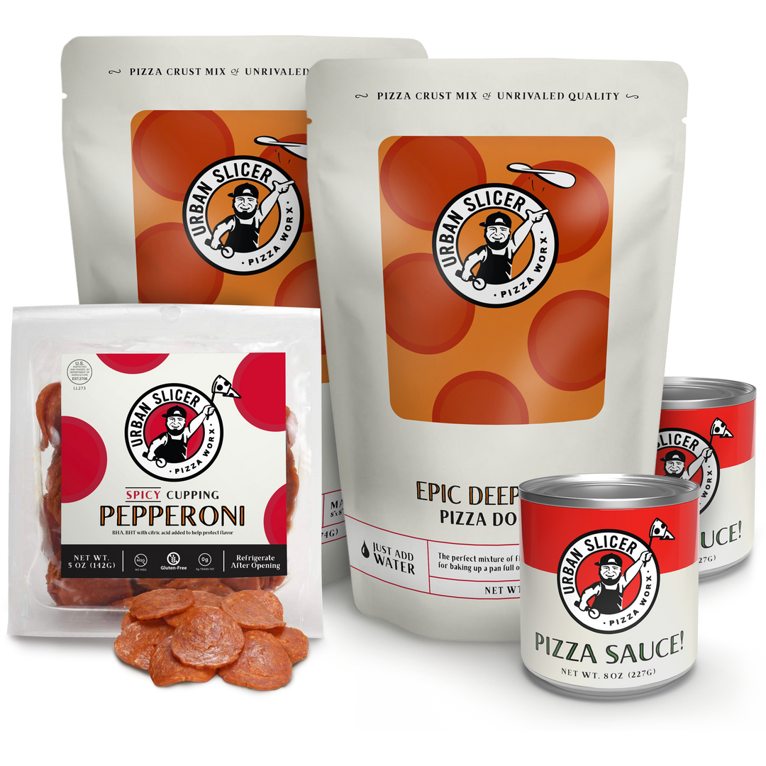 Collection of Urban Slicer pizza-making products including pizza crust mix, pepperoni, sauce, and dough on a white background.