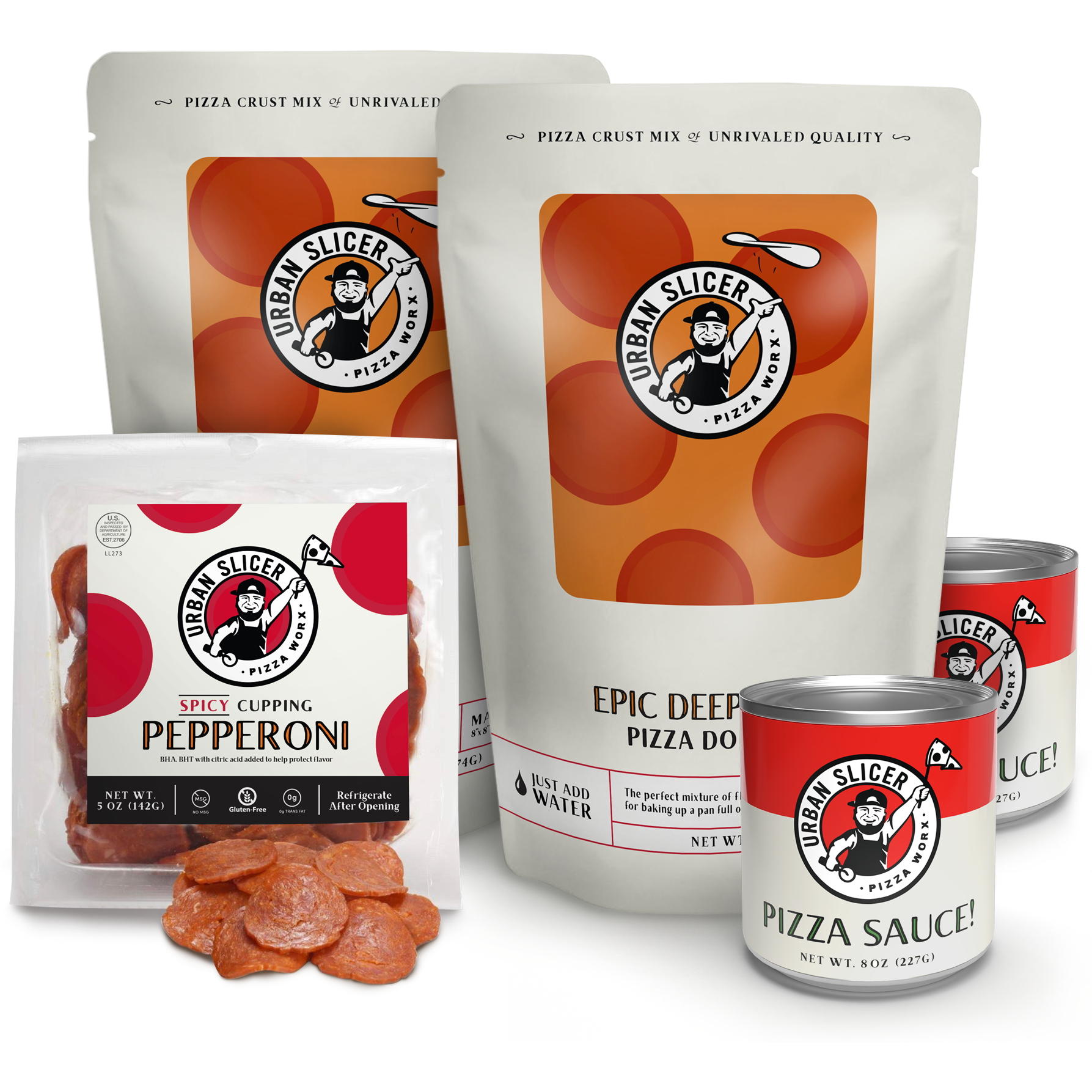 Collection of Urban Slicer pizza-making products including pizza crust mix, pepperoni, sauce, and dough on a white background.