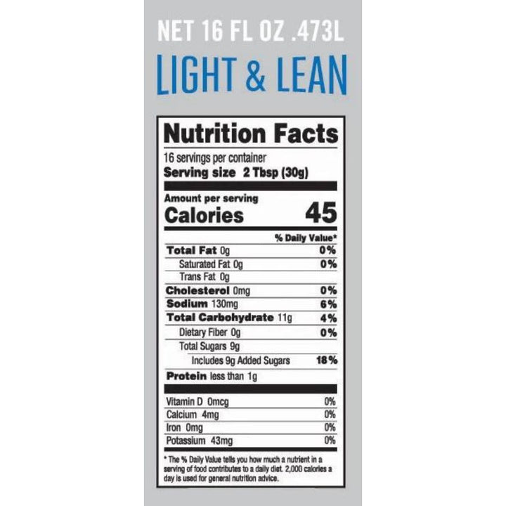 The nutrition label for a 16 ounce Light and Lean Dorothy Lynch bottle