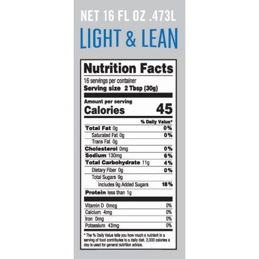 The Nutrition Fact label for a 16 ounce Light and Lean Dorothy Lynch bottle