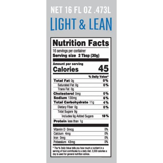 The Nutrition Fact label for a 16 ounce Light and Lean Dorothy Lynch bottle