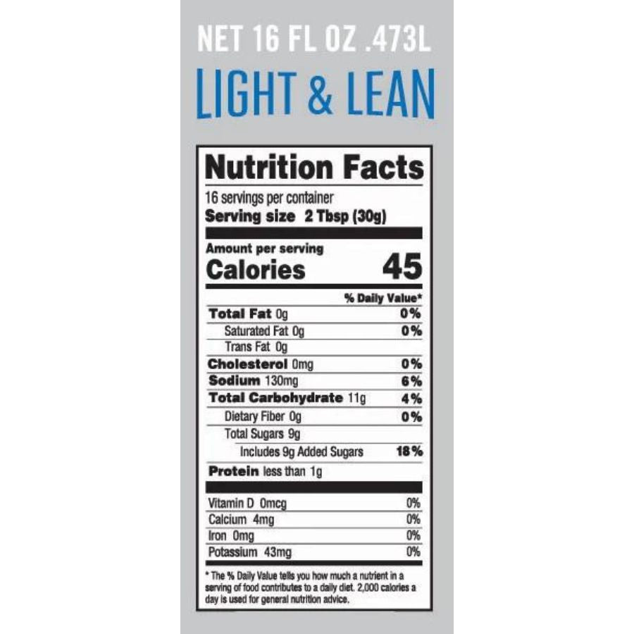 The nutrition label of a 16 ounce Light and Lean Dorothy Lynch bottle