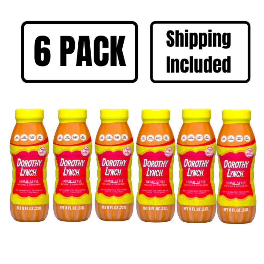 A six pack of 8 ounce Dorothy Lynch bottles on a white background