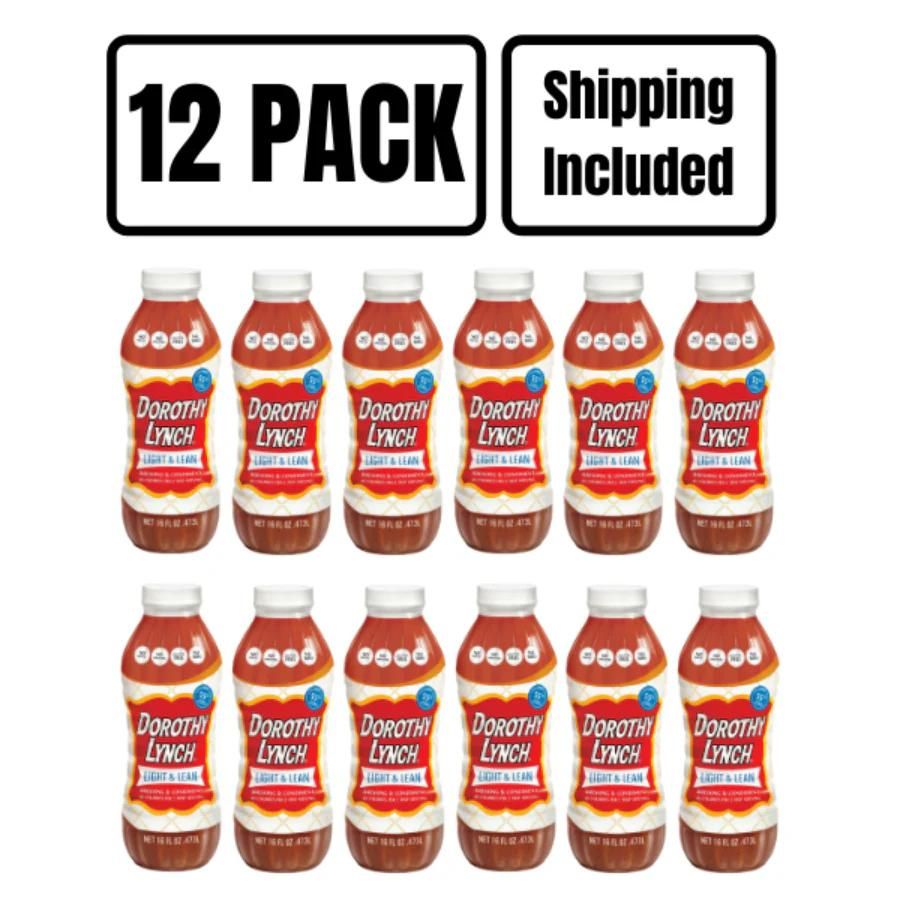 A twelve pack of 16 ounce Light and Lean Dorothy Lynch on a white background