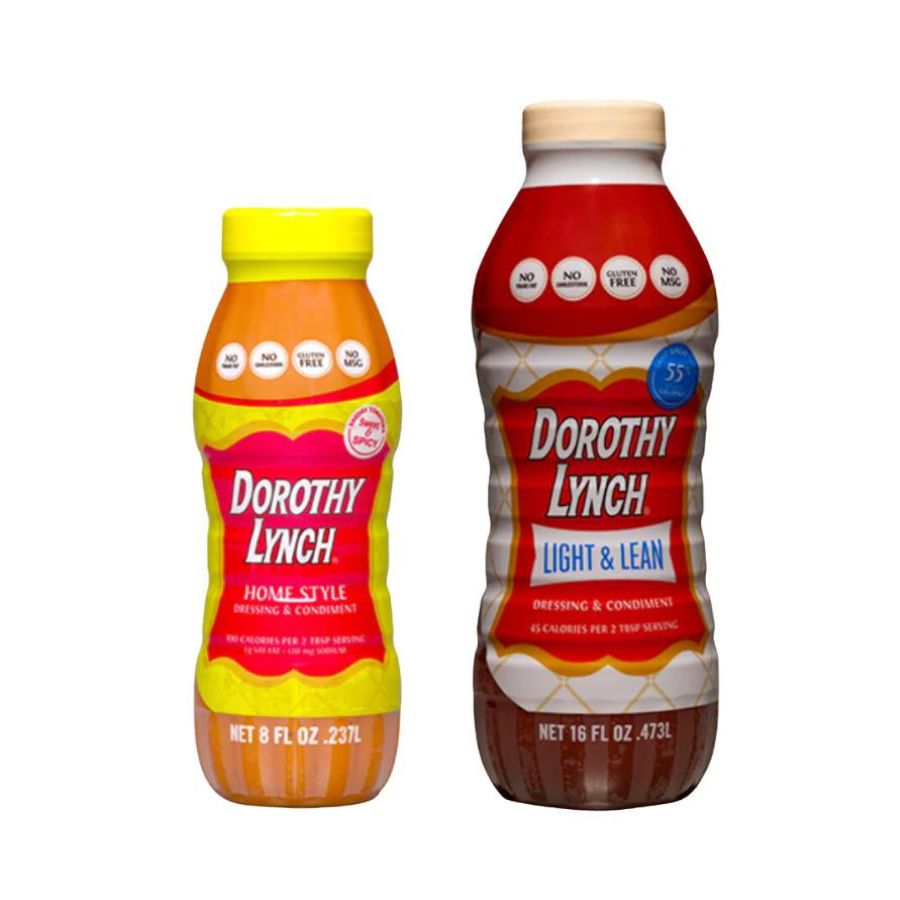 An 8 ounce Dorothy Lynch and a 16 ounce Light and Lean Dorothy Lynch on a white background