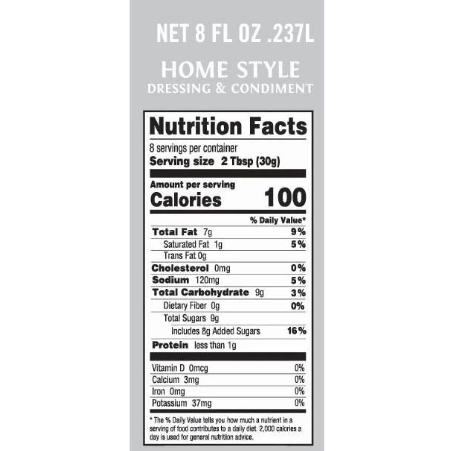 The nutrition fact label for an 8 ounce Dorothy Lynch bottle