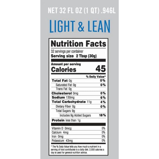 The Nutrition Facts label for a 32 ounce bottle of Light and Lean Dorothy Lynch