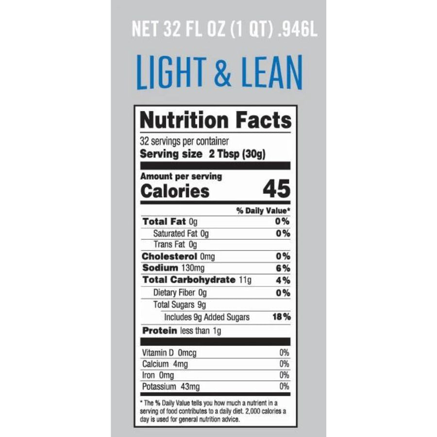 The nutrition fact label for a 32 ounce Light and Lean Dorothy Lynch 