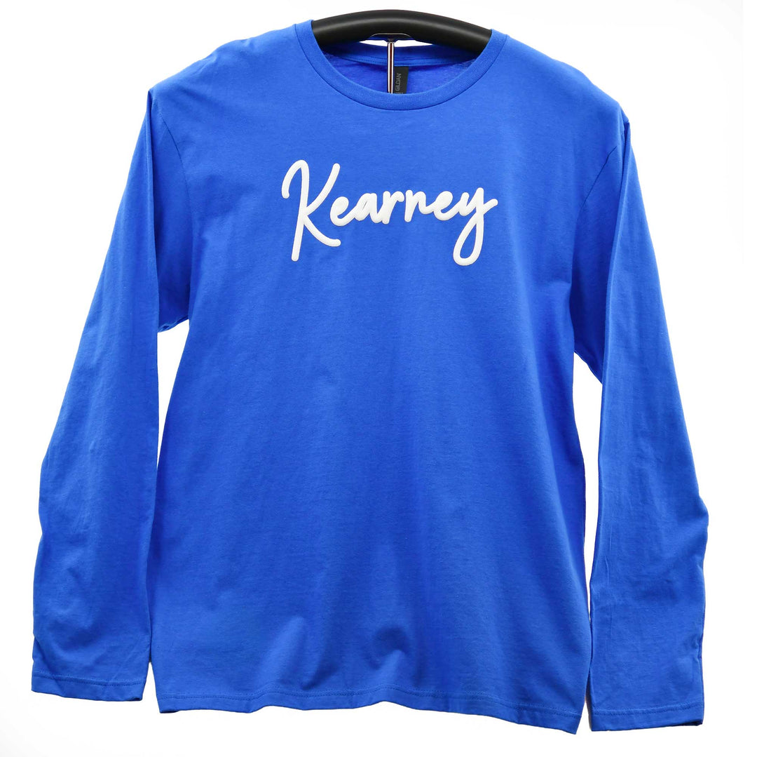 Blue long-sleeve shirt with 'Kearney' printed on it, hanging on a black hanger against a white background.