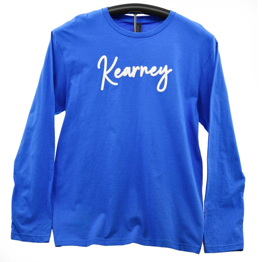 Blue long-sleeve shirt with 'Kearney' printed on it, hanging on a black hanger against a white background.