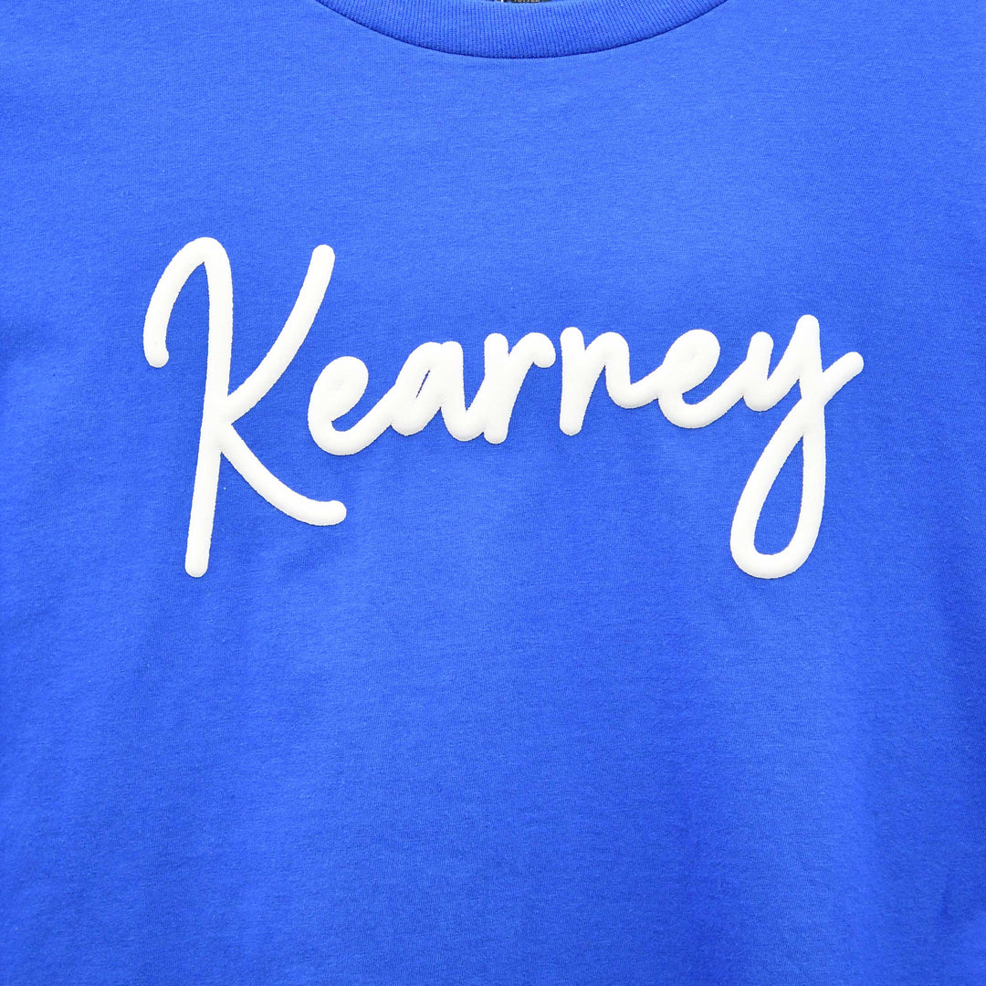 Blue t-shirt with 'Kearney' printed in white cursive text