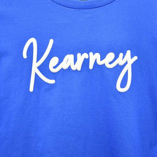 Blue t-shirt with 'Kearney' printed in white cursive text