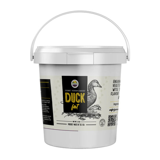 White bucket labeled 'Duck Fat' with a handle on a white background