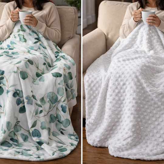 Two people sitting on a couch with different types of blankets, one floral and one white textured.