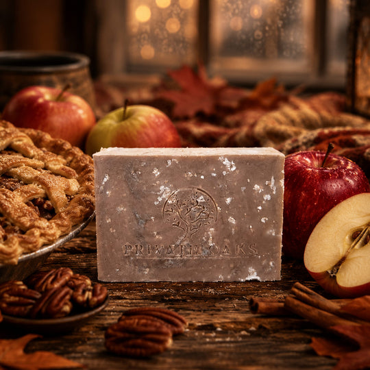 A rectangular bar of Private Oaks soap stands on a rustic wooden table surrounded by fall ingredients and fruit, including a pie, apples, pecans, cinnamon sticks, and leaves.