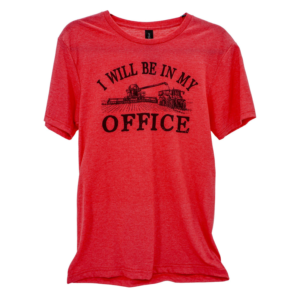 Red t-shirt with black text and graphic on a white background