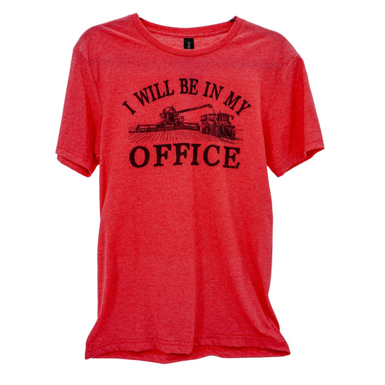 Red t-shirt with black text and graphic on a white background