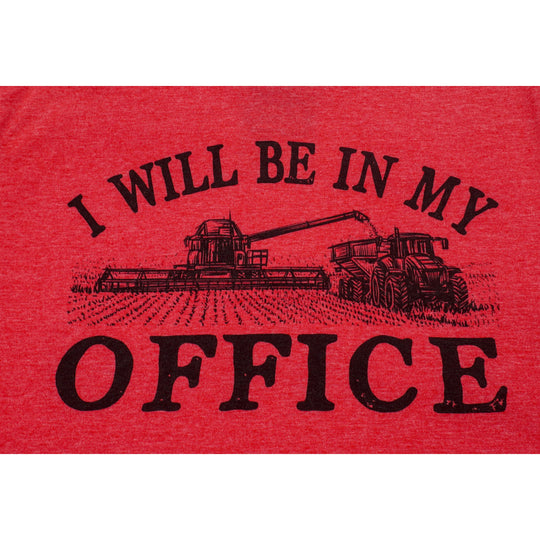 Red shirt with black text and tractor graphic on a white background