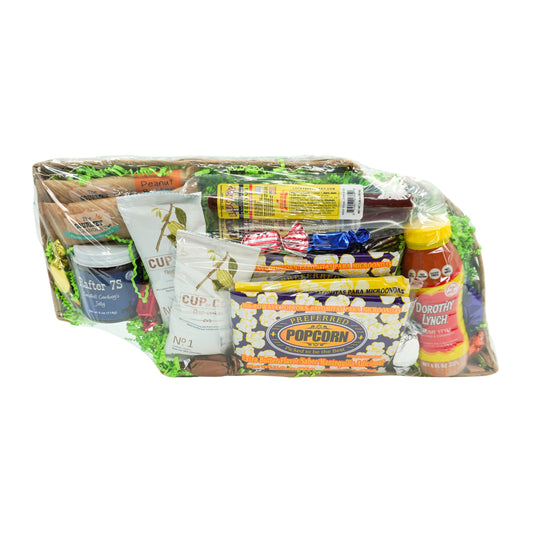 Assorted snacks including popcorn, drinks, and candy in a box on a white background