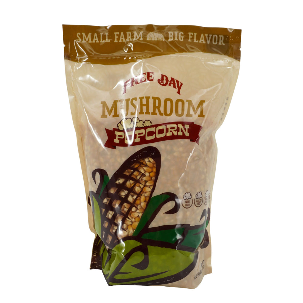 Bag of Free Day Mushroom Popcorn with visible text and graphics on a white background