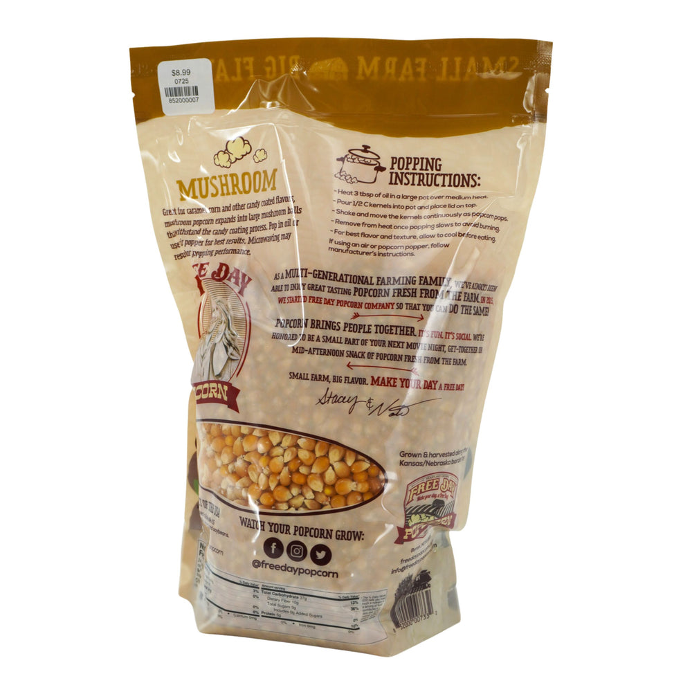 Popcorn bag with mushroom flavor and popping instructions on a white background