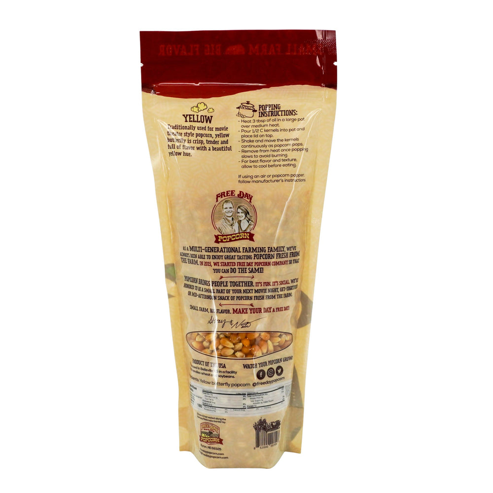 Back view of a popcorn packaging on a white background