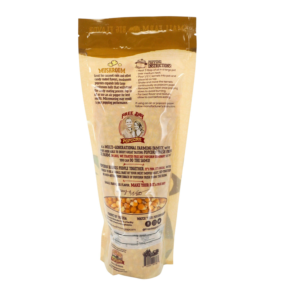 Popcorn bag with branding and text on a white background