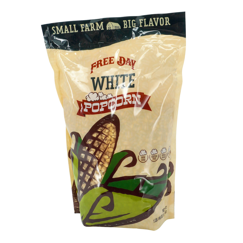 Bag of Free Day White Popcorn with corn illustration on a white background