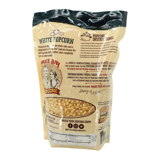 Package of Freeway Popcorn with popping instructions and images on a white background