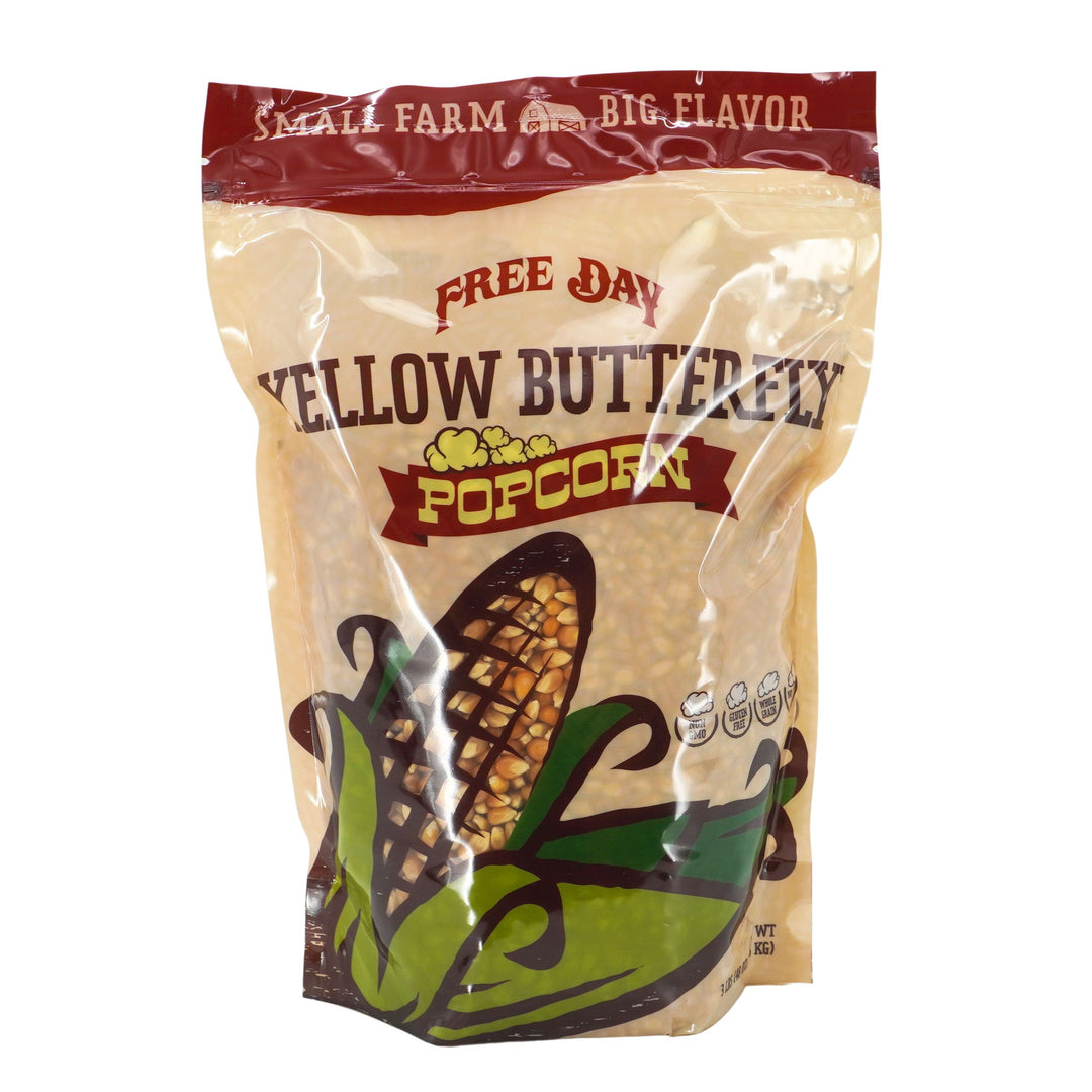 Bag of Free Day Yellow Butterfly Popcorn with corn illustration on a white background