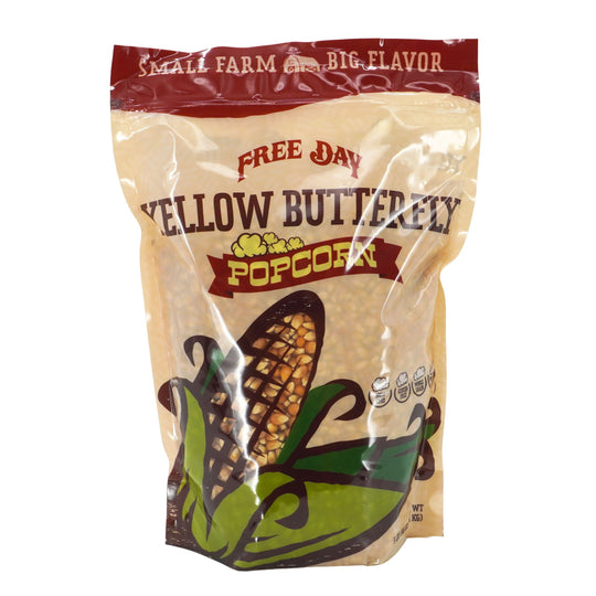 Bag of Free Day Yellow Butterfly Popcorn with corn illustration on a white background