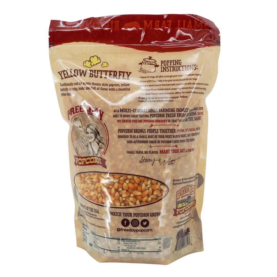 Yellow Butterfly popcorn bag with popping instructions on a white background