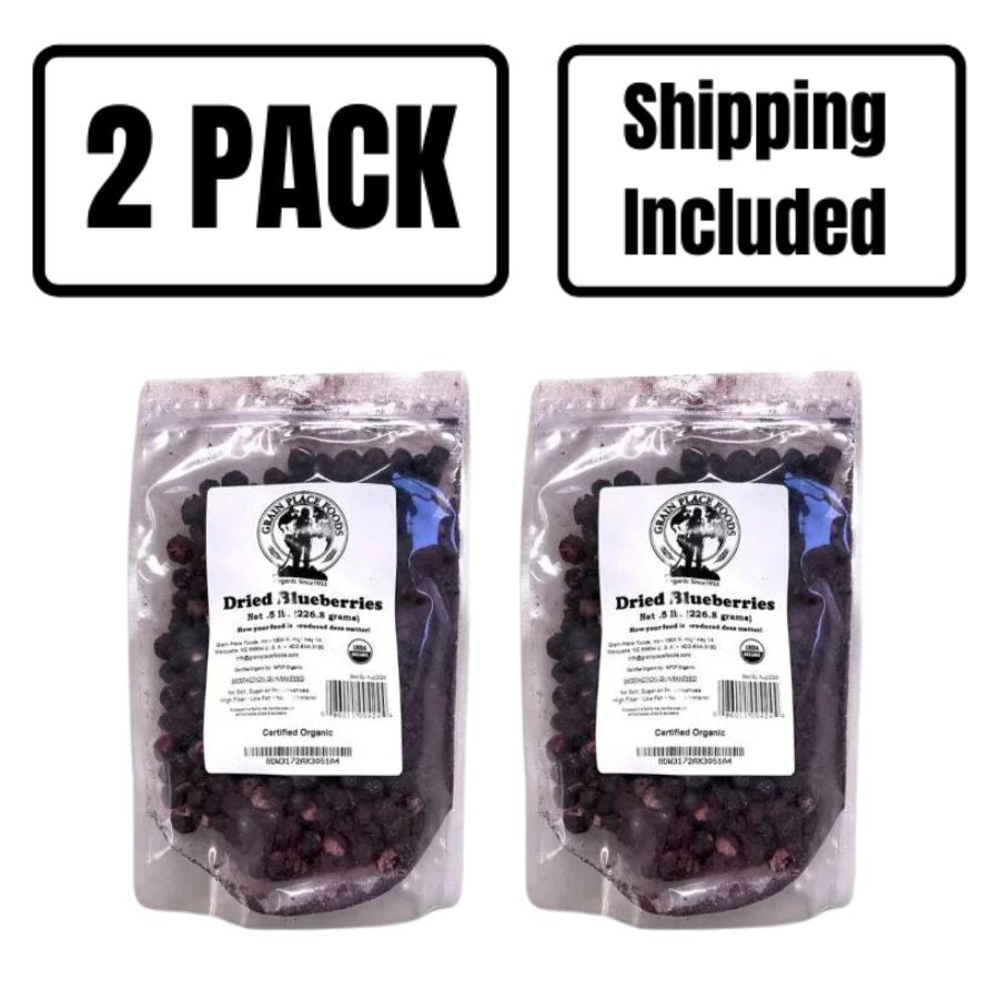 Two 1/2 lb. Bags of Organic Freeze-Dried Blueberries on a White Background